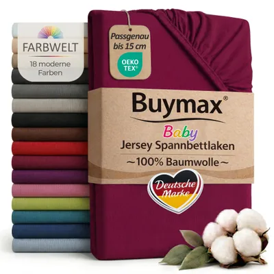 Produktbild von Buymax Baby Spannbettlaken 60x120 cm Bordeaux, Jersey 100% Baumwolle, Kinderbett Bettlaken, bis 15 cm Matratzenhöhe