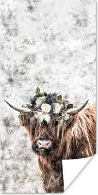 Produktbild von MuchoWow® Poster Schottischer Highlander - Marmor - Blumen 20x40 cm - Plakat - Foto