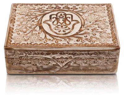 Imagen del producto de Caja de joyería de madera hecha a mano, con grabado de la mano de Fátima, 20 x 12 cm