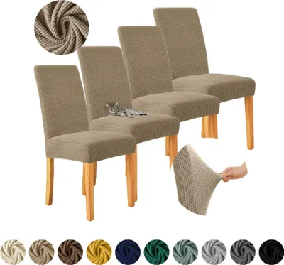 Produktbild von MEBLE ODNOWA, Stuhlhusse, Stuhlbezug, Standardgröße, Jacquard, Camel Beige, 4er Set, Karostruktur, elastisch, Stuhlbezüge, Stuhlhussen, maschinenwaschbar