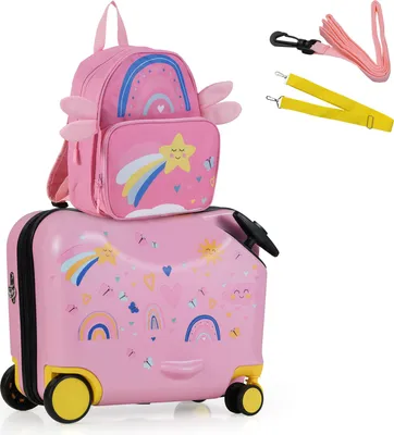 Immagine prodotto di COSTWAY 2 pezzi valigia per bambini + zaino, trolley per bambini da 12"+18" con ruote, guscio rigido, cinghia di trasporto, corda e poggiapiedi, bagagli per bambini, valigia con ruote, stella