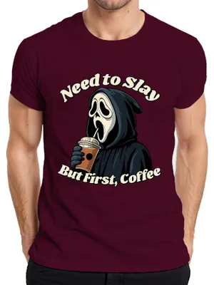 Immagine prodotto di Ma prima il caffè Sensenmann Halloween Kaffee Gothic Lustig Grusel Herren T-Shirt, Borgogna, L