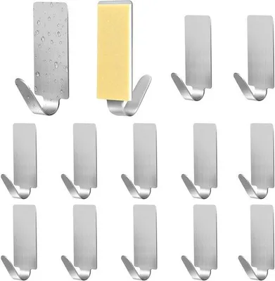 Obrázek produktu pro Samolepicí háčky do kuchyně a koupelny – 12 kusů – není třeba vrtat – samolepicí – 12 kusů – surová ocel