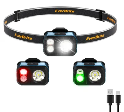 Obrázek produktu pro Čelovka EverBrite LED, nabíjecí, 45 g, ultra lehká, vodotěsná (IP67), s 7 režimy osvětlení a klipem, červené a zelené světlo. Mini čelovka, nabíjecí, vhodná pro běh, turistiku, kempování. Modrá barva