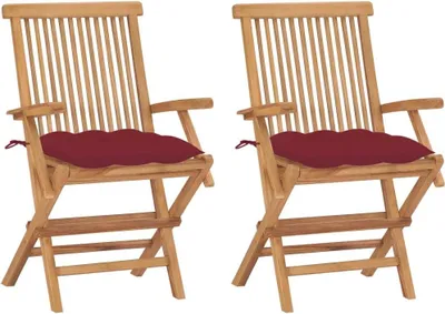 Produktbild von 2 STK. Gartenstühle aus massivem Teakholz mit weinroten Kissen