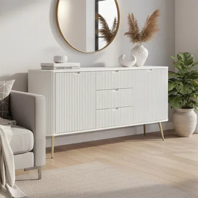 Productafbeelding van Kommode Porto 2D3S, 168 cm hoog, wit, met twee deuren en drie lades, voorzien van hoge, goudkleurige metalen poten