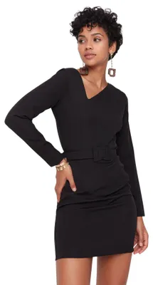Produktbild von Trendyol Damen Regular A-Linie Asymmetrischer Kragen Webstoff Kleid, Schwarz, 42
