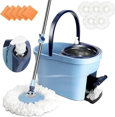 Produktbild von Famanu Mopset mit Eimer, Wringfunktion und 5 Mikrofasermoppköpfen - 145 cm Teleskopstiel