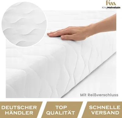 A hand is shown pressing down on a white quilted mattress topper, with a close-up inset showing the texture. Text overlays indicate features and seller information.
