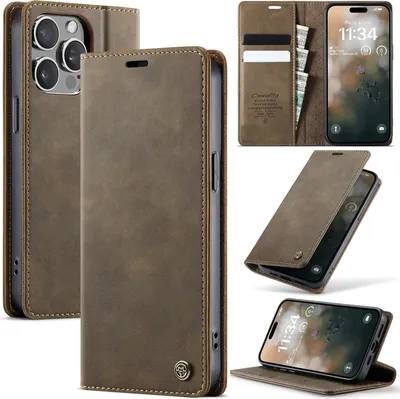 Obrázek produktu pro Kožené pouzdro pro iPhone 14 Pro, RFID ochranou, magnetickým zavíráním, přihrádkami na karty a funkcí stojánku Hnědý