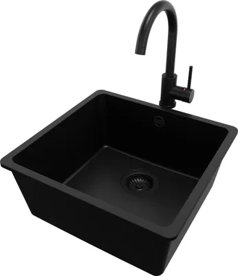 Produktbild von PRIMAGRAN Unterbauspüle Granit Alles Schwarz 46x44cm, Spülbecken 1 Becken + Küchenarmatur 32x20cm + Ablauf-Set, Granitspüle ab 50er Unterschrank - Venedig Easy