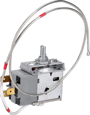 A close-up product shot of a refrigerator thermostat.