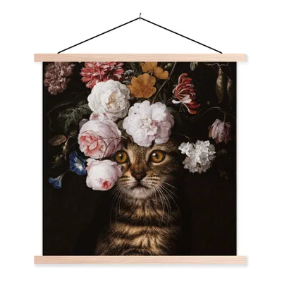 Produktbild von MuchoWow® Textilposter Katze - Blumen - Haustier 120x120 cm mit holzfarbenen Rahmen - Textil-Poster
