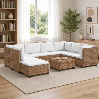 Image de Ensemble de salon en rotin naturel GENDT, comprenant 9 pièces et coussins, de qualité supérieure