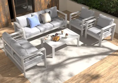 Produktbild von MeXo Gartenmöbelset, Loungeset Aluminium für 6-7 Personen mit Kissen und Couchtisch Indoor Outdoor Balkon weiß (Sitzgruppe, Aluminiumrahmen)