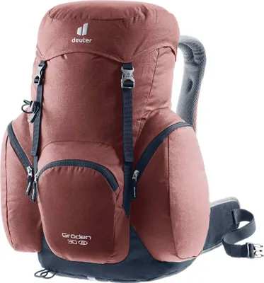 A studio shot of a red Deuter backpack.