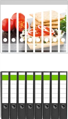Produktbild von Wallario 8 Stück schmale Ordner inkl. Klebeetiketten mit Motive Frisches Knäckebrot mit Tomaten und Käse -  Set mit Rückenschildern / Ordnerrücken Stickern