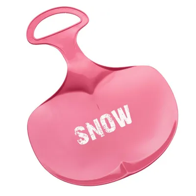 A pink plastic sled with the word "SNOW" printed on it.