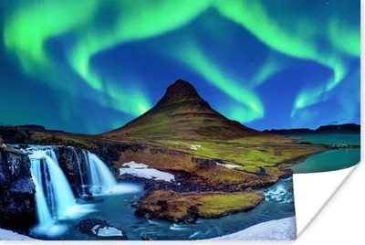 Produktbild von MuchoWow® Poster Nordlicht - Sternenhimmel - Island - Berg - Grün - Wasserfall - See 180x120 cm - Fotoplakat