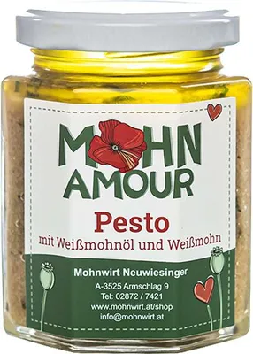 Produktbild von Weißmohnöl- Pesto 190ml - Weißmohn hat einen fein- nussigen Geschmack und eignet sich hervorragend für Schafkäse Nudeln Salatgerichte sowie Käse
