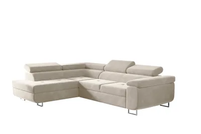 A beige sectional sofa is shown against a white background.