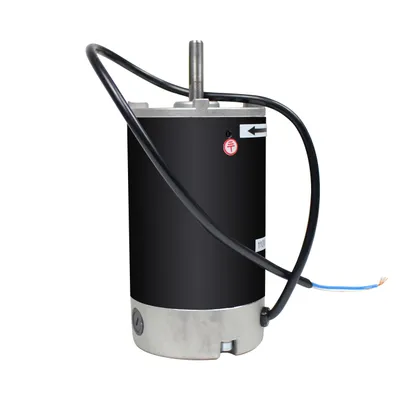 A black and silver DC motor with wires attached, isolated on a white background.