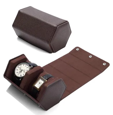 Image de Étui de voyage en cuir pour montres, couleur marron, avec 2 compartiments pour montres