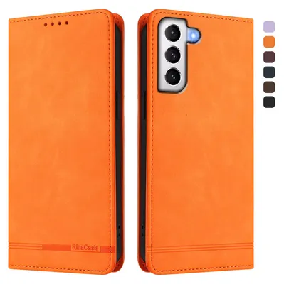 Produktbild von Hülle für Samsung Galaxy S21 5G, Retro Kunstleder Ständer Klapphülle mit Kartenfächer und Magnetische Orange