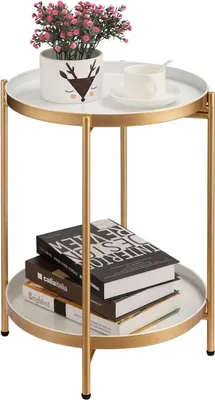 Image de HollyHOME Table d'appoint ronde en métal doré 2 niveaux Table basse