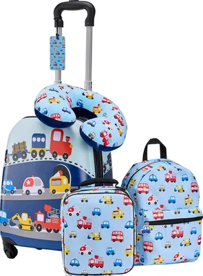 Immagine prodotto di Set di valigie per bambini SucceBuy, 5 pezzi, 457,2 mm, valigia rigida con trolley, zaino, cuscino per il collo, contenitore per il pranzo e etichetta per valigia, set ideale per bambini e bambine, perfetto per viaggi e voli (auto)