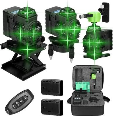 A collection of laser leveling tools and accessories are displayed against a white background.