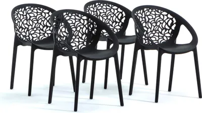 Immagine prodotto di set di 4 sedie impilabili in resina rinforzata con fibra di vetro per aree esterne, giardini, bar e ristoranti - design moderno e ispirato alla natura - AMBRA - Nero