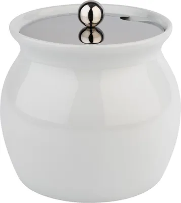 Produktbild von APS 83310 Dressingtopf, Porzellan, Deckel mit Löffelaussparung (Edelstahl), Ø 17 cm, Höhe 15 cm, 2 Liter, weiß