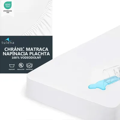 A white fitted sheet is shown with a spill of blue liquid on it. A dark box with product information is to the left.