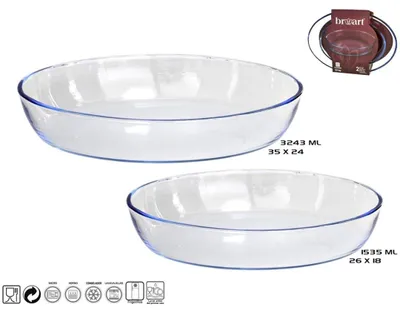 Produktbild von 2 Glasförmige Auflaufformen/Servierplatten, rund/oval, 26 und 35 cm - Glasauflaufform/Servierplatte