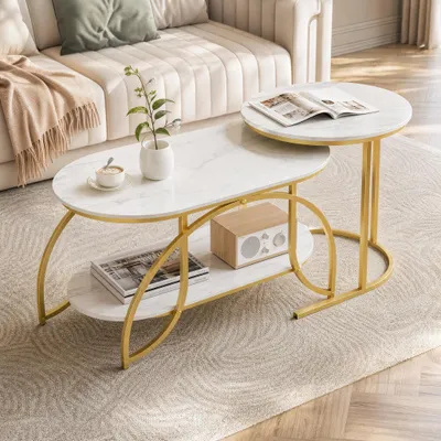 Obrázek produktu pro ProximaX Moderní konferenční stolek s bílou mramorovou deskou a kovovými nohami - Elegantní stolek do obývacího pokoje s robustním rámem a stylovým designem