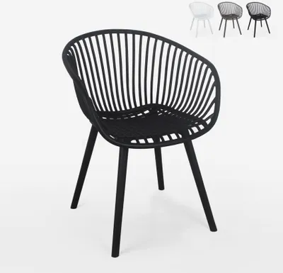 A black modern chair with armrests is shown against a white background. In the background, there are three other chairs in white, gray, and black.