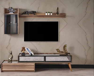 Produktbild von Moderne Wohnwand Designer Holz TV-Schrank Luxus Wandschrank Regal 3tlg