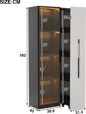 Obrázek produktu pro okwish vitrína / knihovna s integrovaným LED osvětlením, vitrínová skříň / kuchyňská vitrína s více úrovněmi, vysoká kuchyňská skříň se zásuvkou, černá + bílá