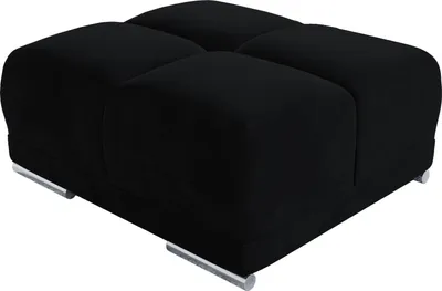 A black ottoman with a tufted top and chrome feet, isolated on a white background.