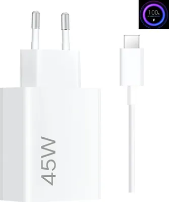A white Xiaomi 45W fast charging power adapter with a USB-C cable and a charging indicator graphic.