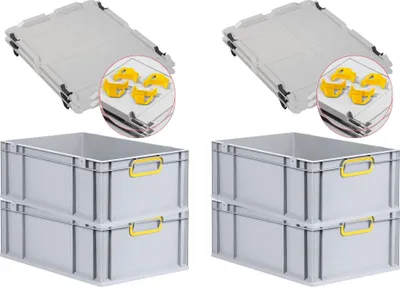Produktbild von SuperSparSet 4x Eurobox NextGen Color mit Auflagedeckel und Schiebeschnappverschlüsse | HxBxT 22x40x60cm | 44 Liter | Grau | Griffe gelb geschlossen | Verstärkter Boden | Eurobehälter, Transportbox, Transportbehälter, Stapelbehälter