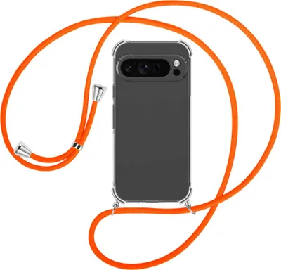 Produktbild von Handykette Backcover-Schutzhülle mit Band (Metall silberfarben) für Google Pixel 9 Pro - neonorange