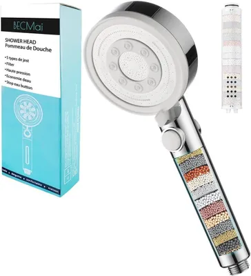 Obrázek produktu pro Sprchová hlavice s filtrem, 5 různých proudů, úsporná, chromovaná a bílá, pro koupelny