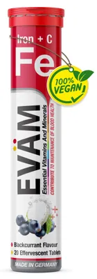 Produktbild von EVÄM Eisen + Vitamin C Brausetabletten – 14 mg Eisen + 80 mg Vitamin C je Tagesportion, Schwarze Johannisbeere – 1 Tube (20 Stück)