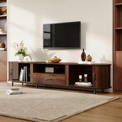 Produktbild von okwish Nussbaum Lowboard mit offenen Fächern und 2 Schiebetüren, TV-Schrank mit Schubladen,Abgerundetes Design,für 75-Zoll-Fernseher