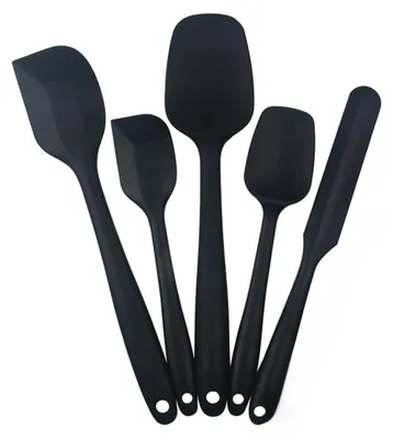 Produktbild von 5-teiliges schwarzes Silikon-Spatel- und Löffelset, Küchenutensilien, bestehend aus 2 Gummispateln, 2 Schwammschabern und 1 Glasschaber, hitzebeständig bis 230 °C.