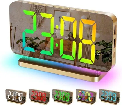 Image de Horloge de bureau numérique à LED avec 11 couleurs et veilleuse RGB - Recharge USB-C - Horloge à projection pour chambre et bureau - Or
