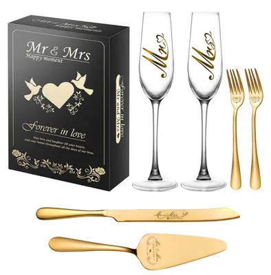 6-teiliges Tortenbesteck-Set mit 2 Champagnergläsern, Gold
