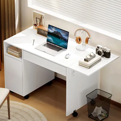 Produktbild von Rollbarer Schreibtisch klappbar mit Schrank und Schublade, Computertisch Bürotisch, Spanplatte Weiß | 130/100 cm | 6 Rollen mit Bremse | 40 kg